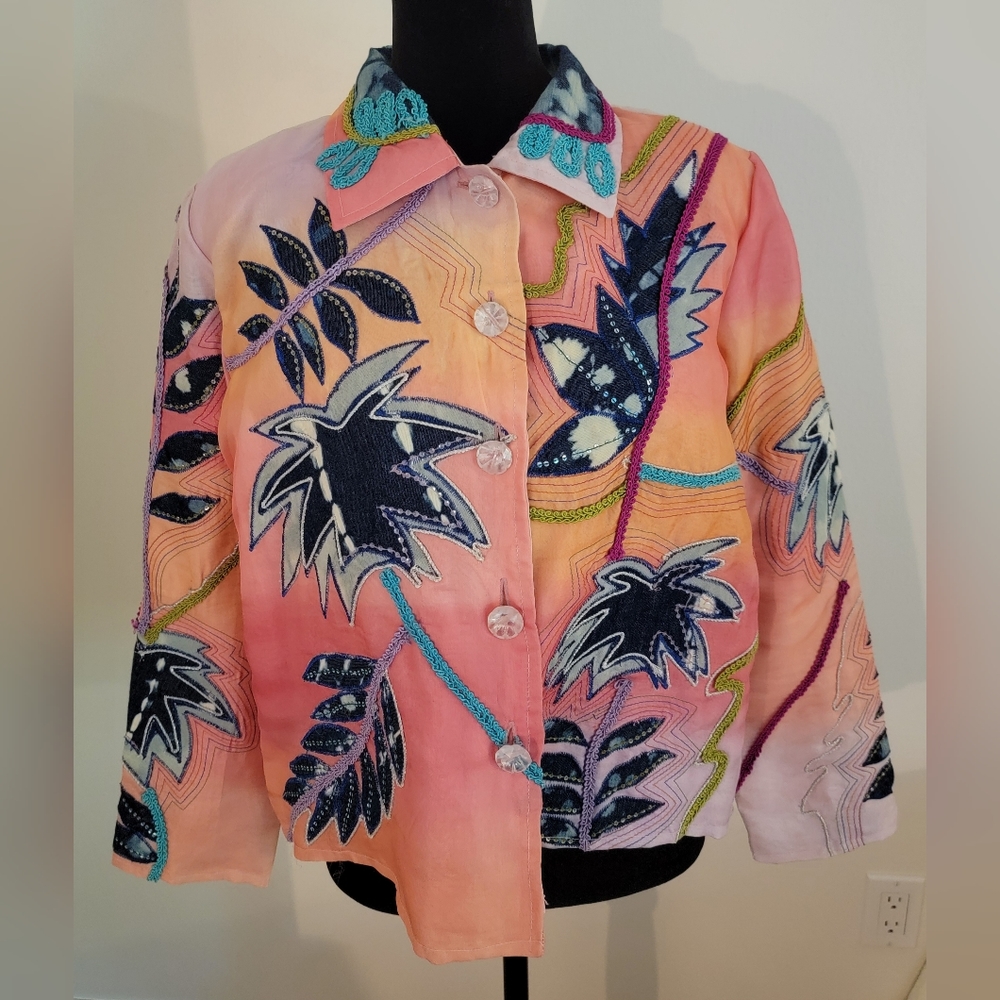 Sharon Anthony Mondrian silk jacket patchwork, pink lining, unique buttons,  M